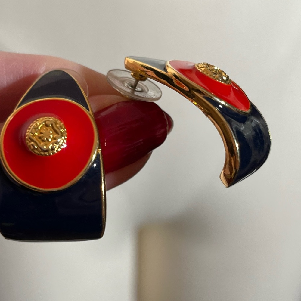 Vintage 1980 90 retro Heavy Gold Red Blue Byzantine oversized Half hoop Earrings - Picture 8 of 13